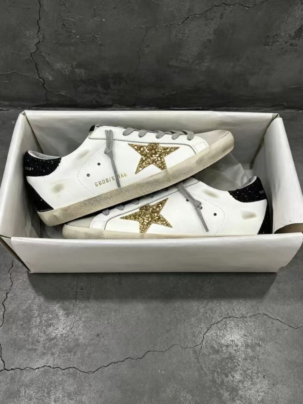 Golden Goose White Sneakers with Silver Glitter Star and Black Glitter Heel